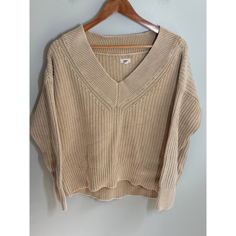 Aerie Womens Tan Shaker Stitch V-Neck Oversized Sweater Beige Knit Small S/P